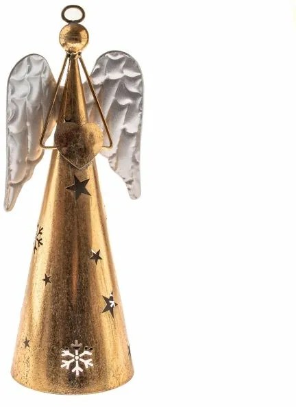 Metalowy anioł z sercem, wysokość 43 cm, kolorzłoty, 43 cm