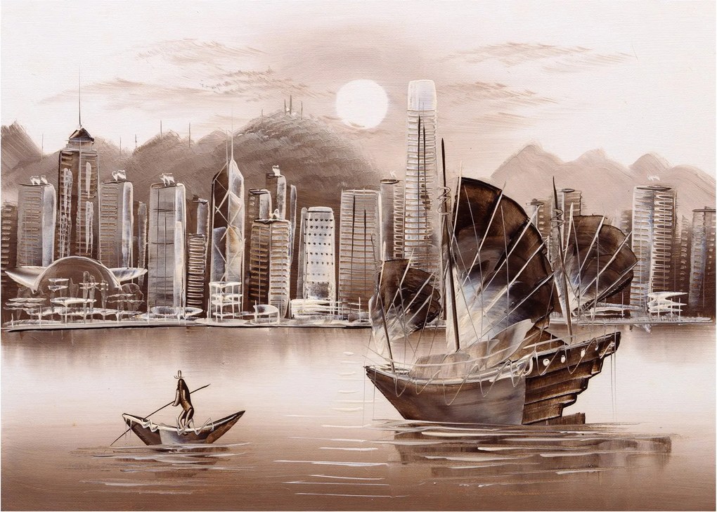 Obraz na szkle - Victoria Harbor, Hongkong, efekt sepii (70x50 cm)