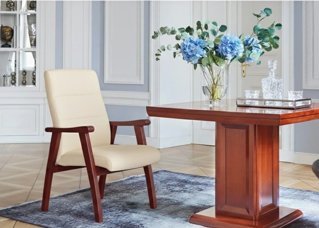 Krzesło gabinetowe z podłokietnikami Progress, tapicerowane skórą ekologiczną. Klasyczne meble konferencyjne z kolekcji Prestige. Wysoka jakość wykonania w dobrej cenie.