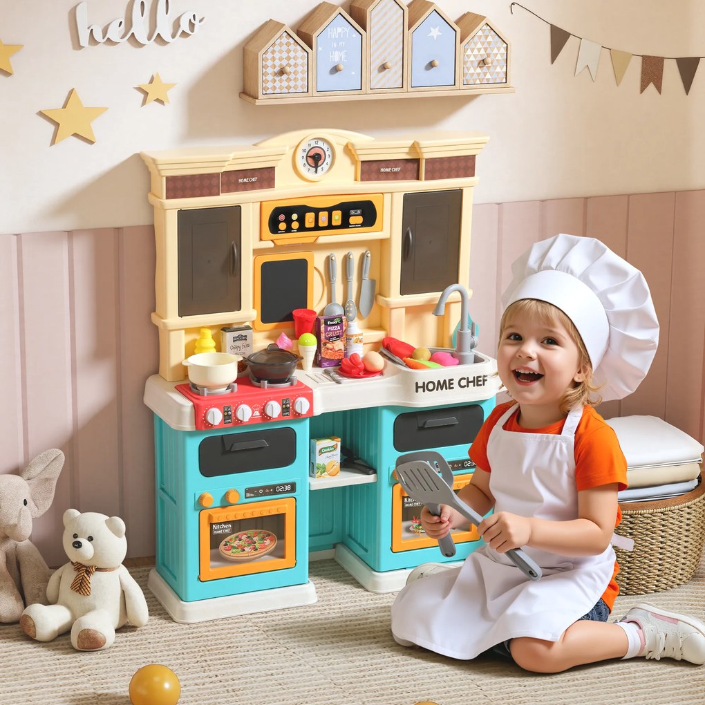 AIYAPLAY Kuchnia do zabawy z płynącą wodą, 85-elementowy zestaw, elektryczny kran, światła, dźwięki, dla dzieci 3–6 lat, tworzywo sztuczne, zielony