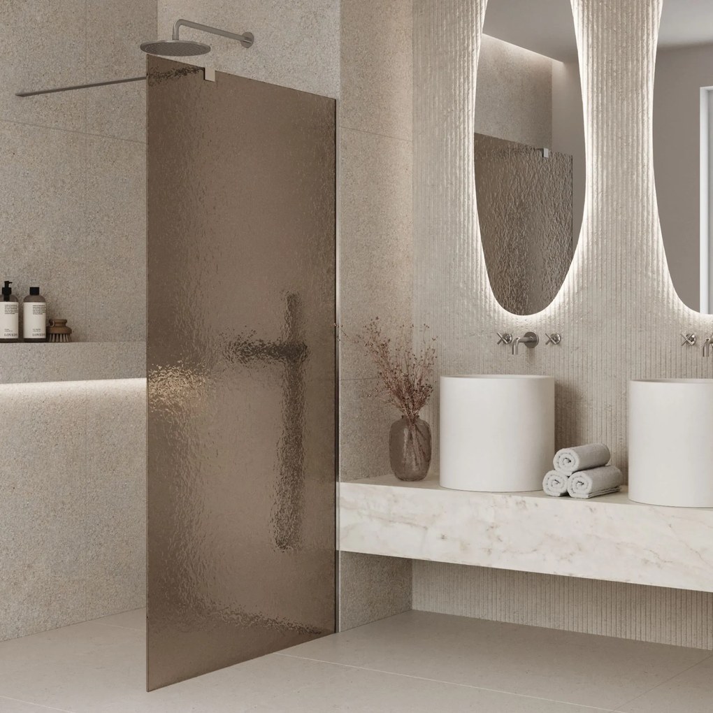 Ścianka prysznicowa WALK IN FIX artystyczna prostokątna brązowa 8 mm Arte Frozen Classic Brown MASSI | Różne rozmiary : Kolor profili kabiny - chrom / srebrny, Szerokość ścianki - 90 cm , Typ montażu - WALK in FIX (Do ściany)