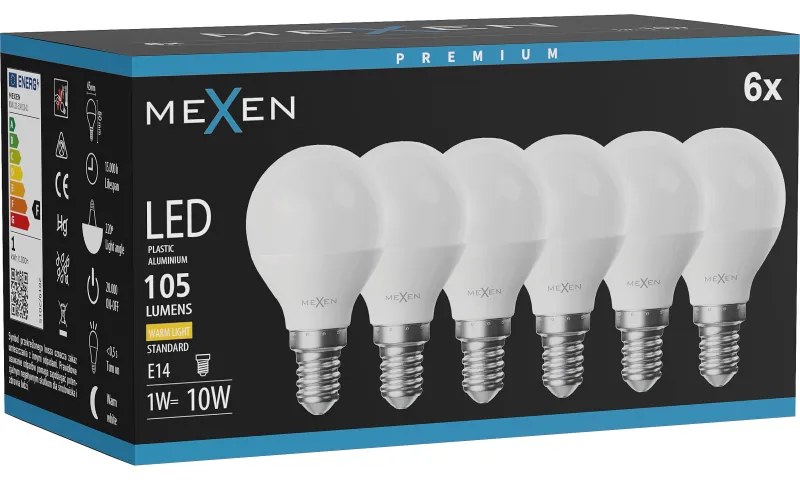 Mexen Nova 6x żarówka LED E14, G45, 1W, Ciepła - 3000K, 105 lm - L101-E14-0130-01x06