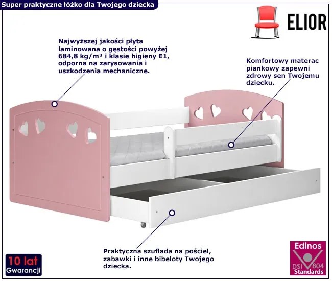Łóżko dla dziewczynki z materacem Cecil 3X 80x140 - pudrowy róż