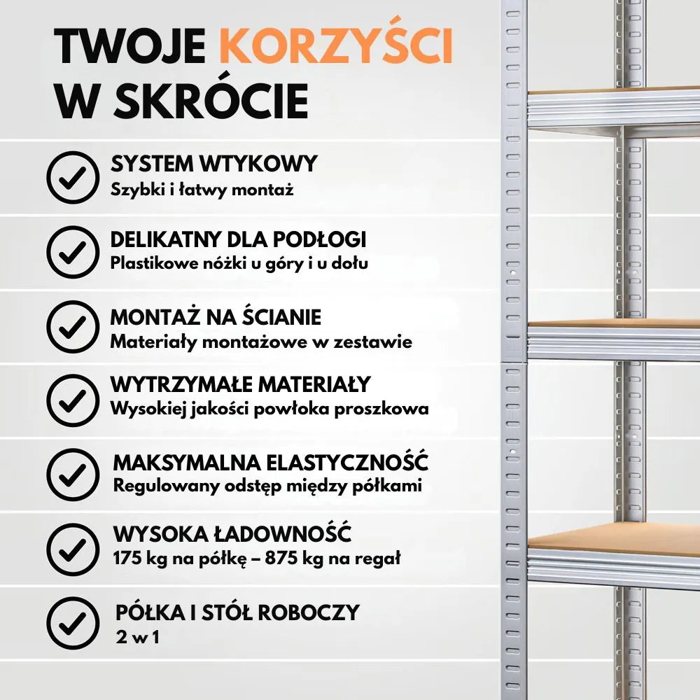 Regał o dużej nośności HEAVY, maks. 875kg, 90x40x180cm, srebrna Jurhan