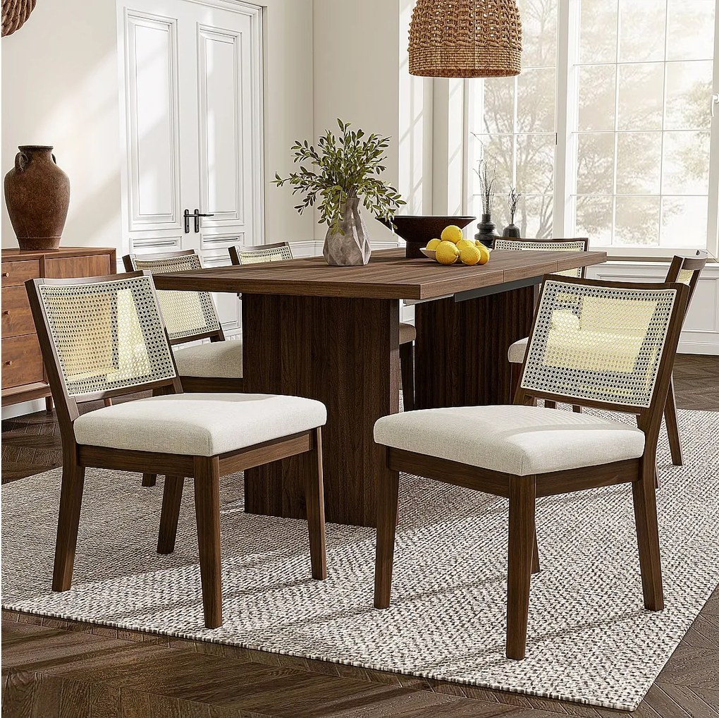 Zestaw 6 krzeseł do jadalni z litego drewna z oparciami z rattanu - 48 x 61 x 78,5 cm - Styl nowoczesny - len - brązowy