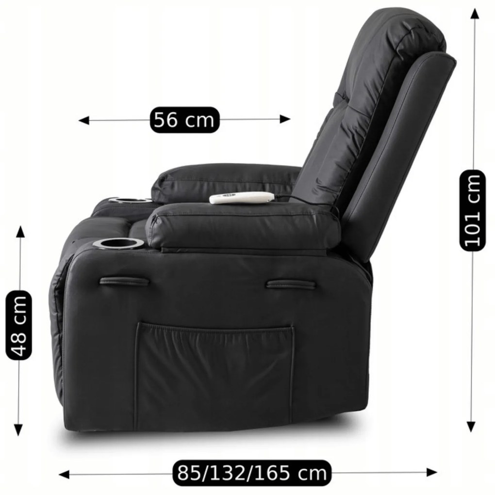 Fotel Masujący BOX Rozkładany Wypoczynkowy z Podnóżkiem Czarny Ekoskóra Nowoczesny