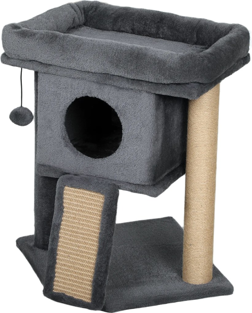 PawHut Drapak z matą do drapania z juty, platformą do leżenia, piłką do zabawy, domkiem dla kota, beżowy, 40 x 40 x 57 cm