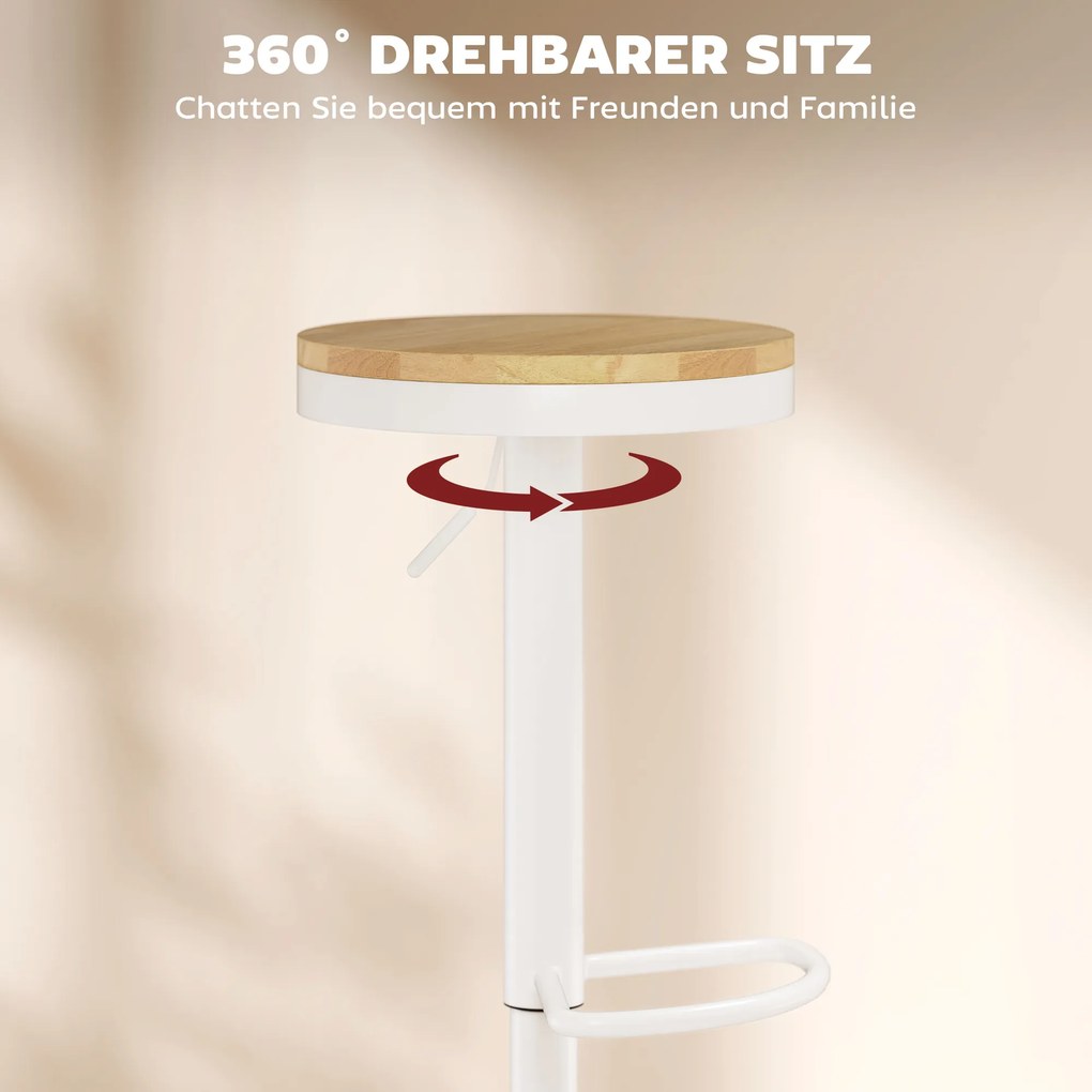 HOMCOM Stołki barowe 2 szt., regulowane, obrotowe 360° z ramą stalową i podnóżkiem 38,5x38,5x60-80 cm Drewno naturalne+Biały | Aosom PL