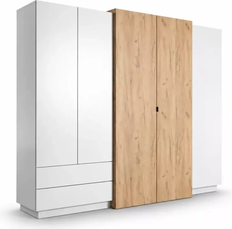 Szafa Volio 230 cm – nowoczesna szafa uchylna z lustrem, 5-drzwiowa z 2 szufladami – biały mat / dąb craft złoty