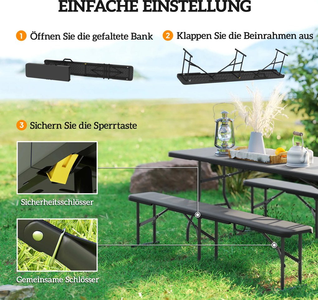 Outsunny Ławka Campingowa, Wodoodporny Plastik, Udźwig 240 kg, Czarna