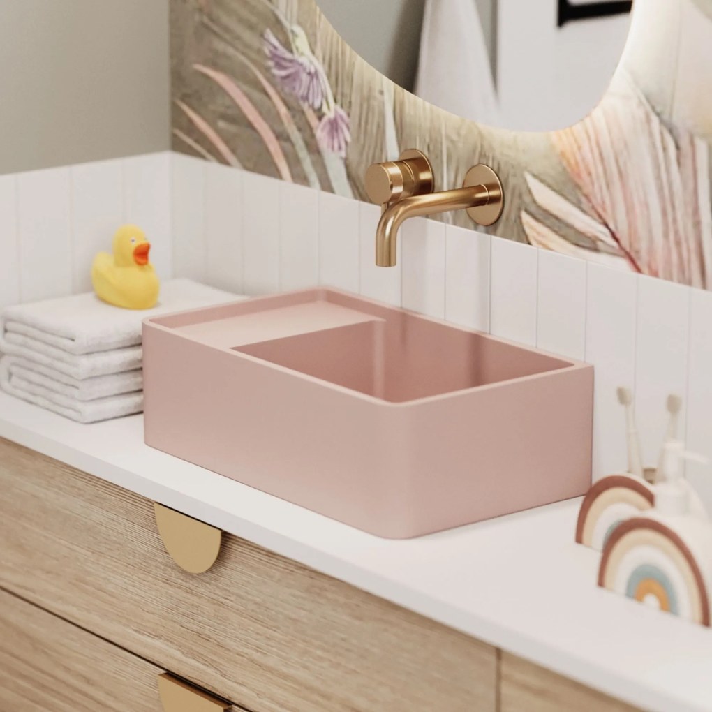 Umywalka z kamienia syntetycznego nablatowa / wisząca prostokątna różowa 43 cm x 25 cm EVELIA Pink : Otwór na baterię - Nie, Typ montażu - nablatowa