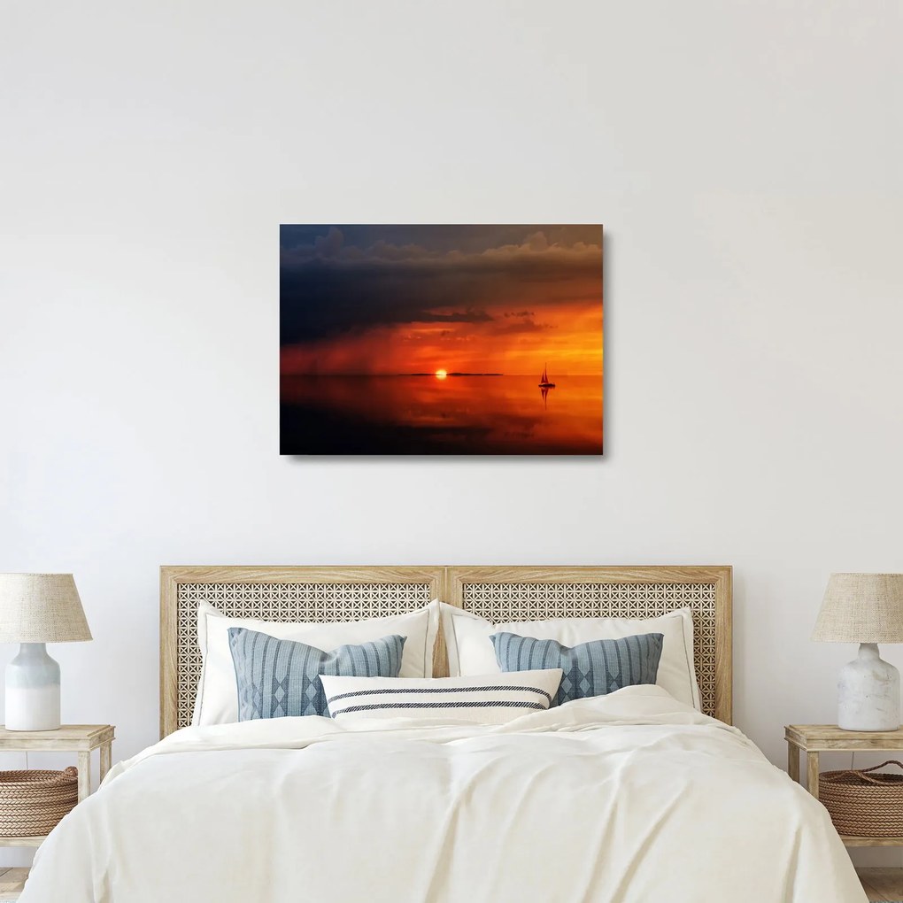 Obraz na szkle - zachód słońca z żaglówką (70x50 cm)