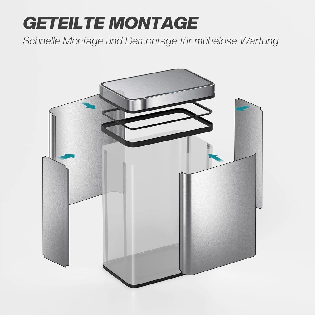 HOMCOM Kosz na śmieci 50L z czujnikiem, automatyczna pokrywa, stal nierdzewna, wielofunkcyjny, srebrny | Aosom PL