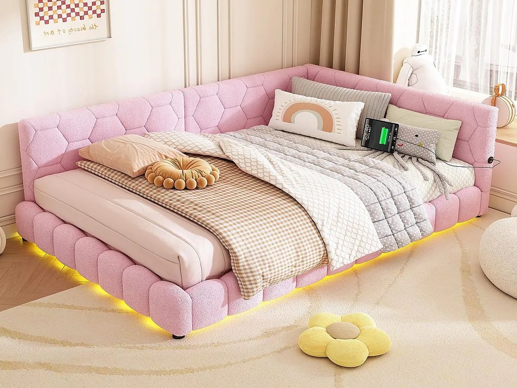 Łóżko banquette 140x200cm z weluru - z LED i portem USB - Różowe