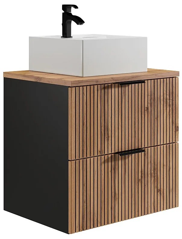 Wisząca szafka łazienkowa z prążkowanym frontem i kwadratową umywalką nablatową – jasny naturalny i czarny – 60 cm – MADELA