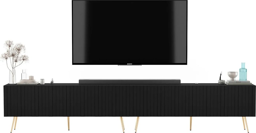 Szafka RTV z 8 drzwiami - Korpus czarny mat, ryflowane fronty czarny mat - 300 cm, złote nóżki