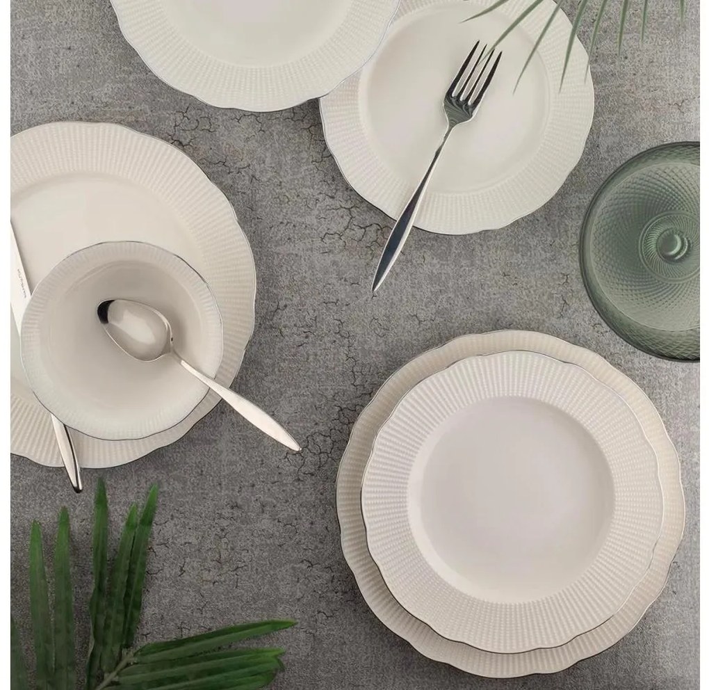Zestaw obiadowy 26 szt. biały/srebrny/kość słoniowa porcelana