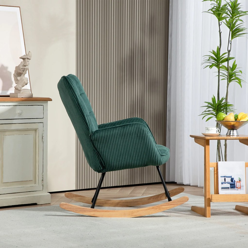 HOMCOM Fotel bujany, Płózki z drewna bukowego, Grube tapicerowanie, Ciemnozielony, do 120 kg