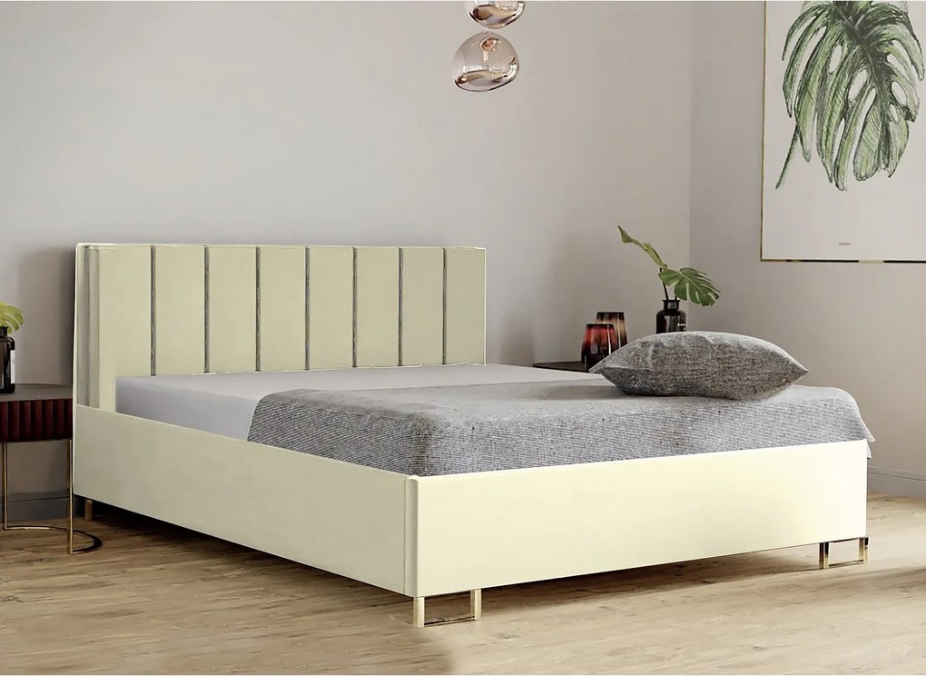 Łóżko tapicerowane MALIBU, wezgłowie, obicie VELUTTO, pojemnik na pościel, podnośnik gazowy, wysokość spania 39 cm, 120x200 cm, Beżowy