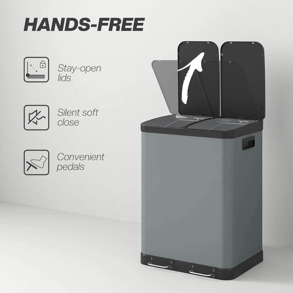 HOMCOM Śmietnik z podwójną komorą, 2 x 30L, odporny na odciski palców, pedał, wyjmowane wewnętrzne kosze, Szary