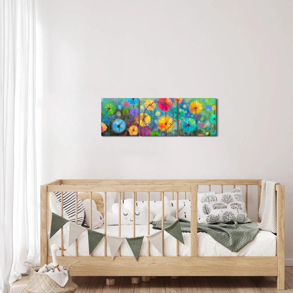 Obraz - Abstrakcyjne kwiaty (z zegarem) (90x30 cm)