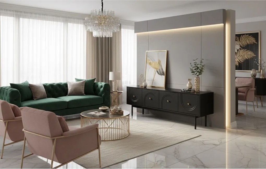 Szafka RTV w stylu glamour Marlen 155 cm, kolor czarny