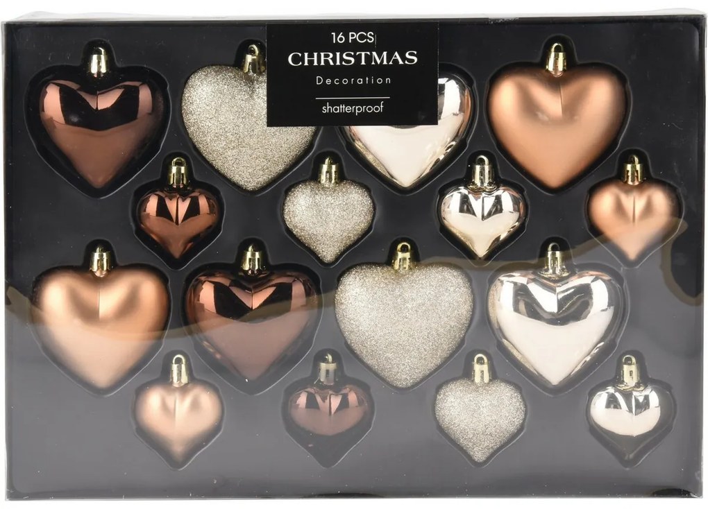 Zestaw ozdób świątecznych Heart miedziany/złoty, 16 szt.