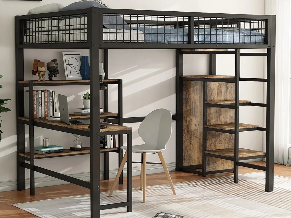 Łóżko piętrowe 140 x 200 cm z biurkiem, półkami i szafą - Metal + MDF - Stelaż listwowy - czarny + brązowy