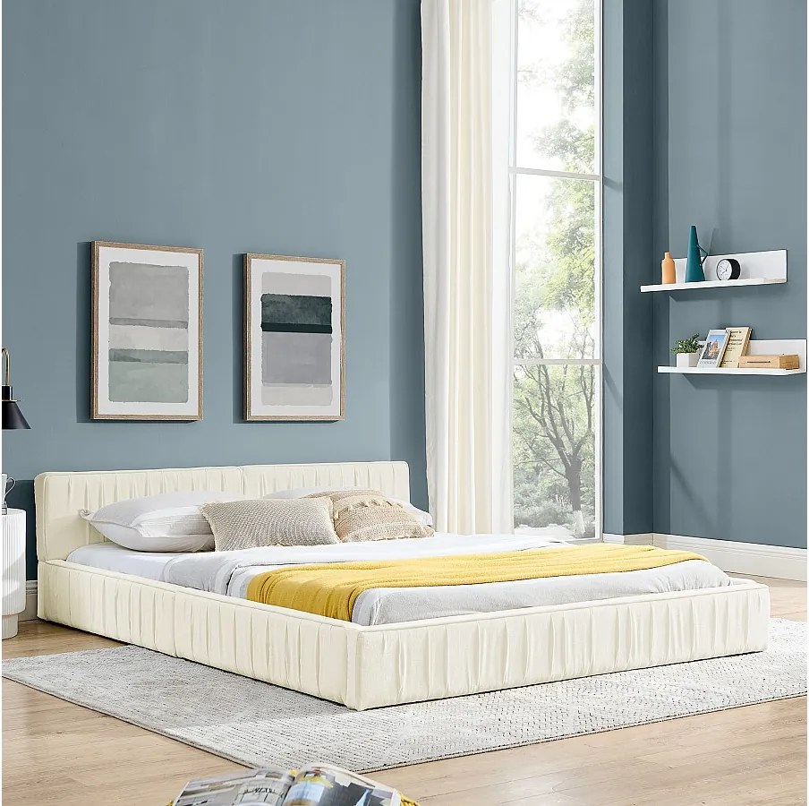 Łóżko podwójne 160×200 cm z miękkiej tkaniny szenilowej, rama z ekologicznego eukaliptusa i metalu, łatwy montaż – beżowe