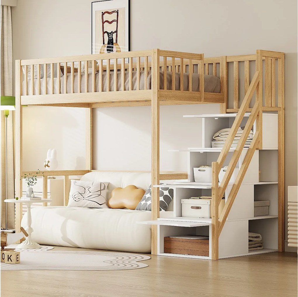 Łóżko piętrowe dla dzieci - 90 x 200 cm - ze schowkiem w schodach - drewno + MDF - jasny naturalny