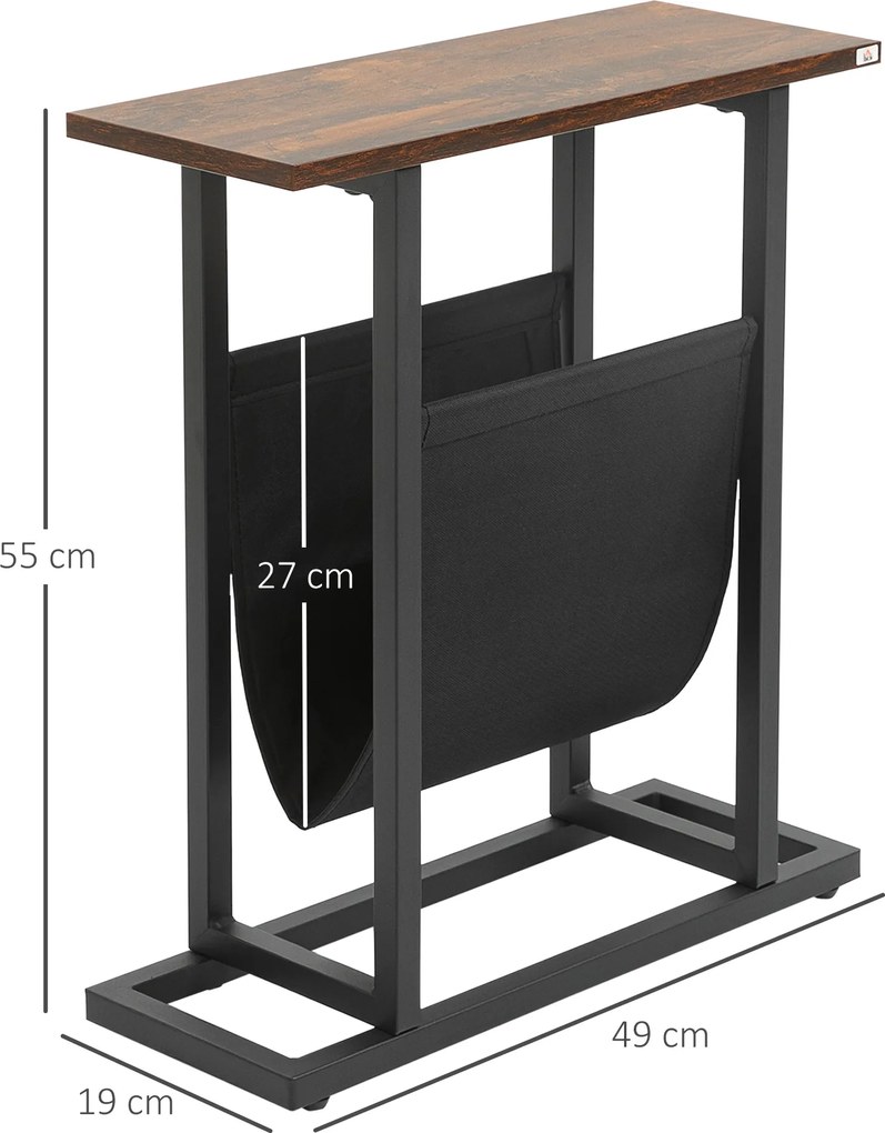 HOMCOM Stolik pomocniczy, stolik nocny, smukła konstrukcja, z kieszenią na materiały, stal, ciemnobrązowy+czarny, 49 x 19 x 55 cm