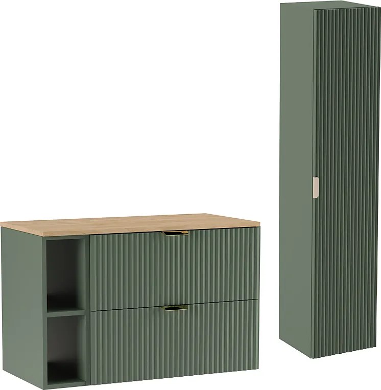 Zielony Zestaw Łazienkowy 100cm Szafka Blat Orzech Regał Słupek Ryflowane Fronty