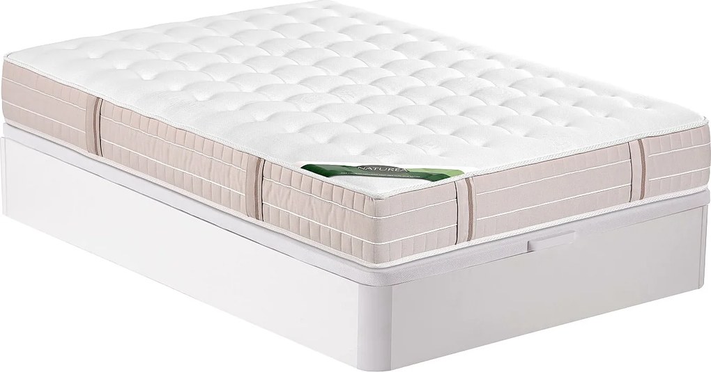 Zestaw 160 x 200 cm stelaż ze skrzynią biały + materac kieszeniowy 5-strefowy z pianką memory i powłoką przeciw pluskwom gr. 24 cm - VIREVO marki NATUREA