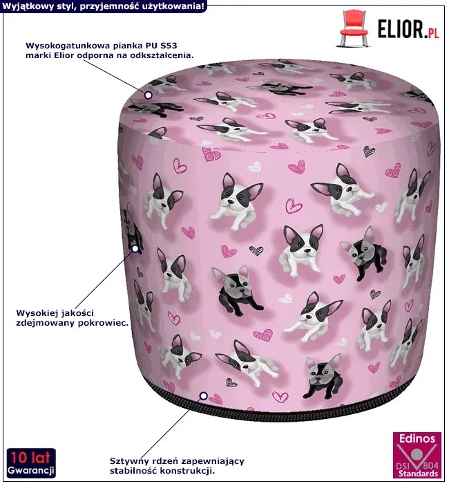 Różowa okrągła pufa dziecięca w pieski M8-P25