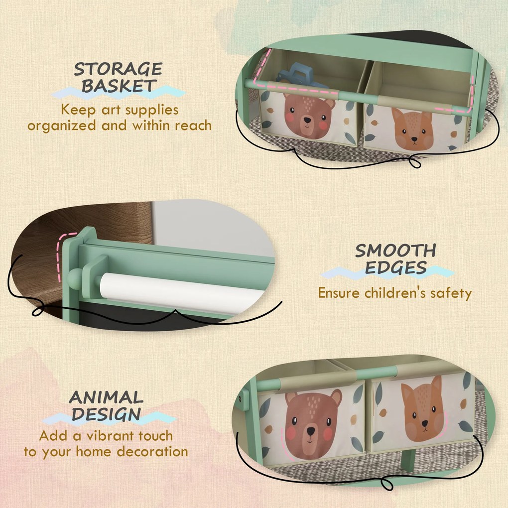 AIYAPLAY 3-w-1 Tablica dziecięca z rolką papieru, Tablica kredowa, Whiteboard, Koszyki na akcesoria, 54 x 46,5 x 93 cm, zielona