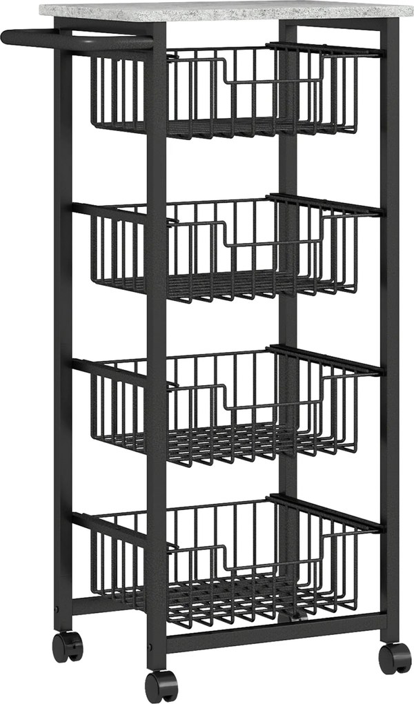 HOMCOM 4-poziomowy wózek kuchenny na kółkach, mobilny wózek do serwowania, wózek kuchenny z 4 stalowymi koszami, wózek do serwowania