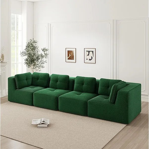 Canapé 4 places modulable, avec 6 coussins, en velours côtelé, 386x104x69cm, Vert