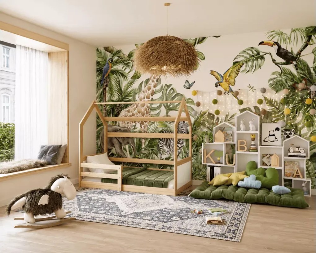 Łóżko domek Junona drewniane z barierką 80x160 80x190 sosna białe szare
