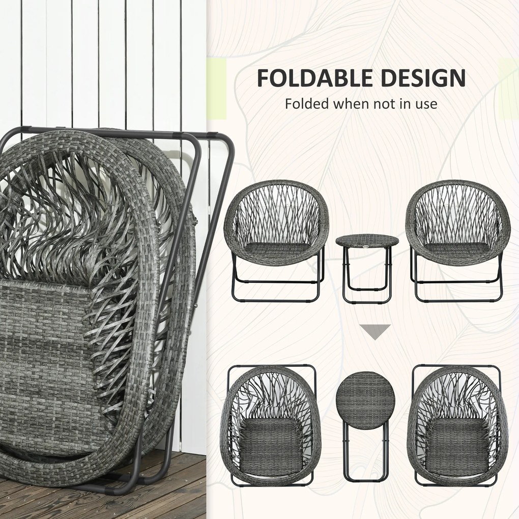 Outsunny Zestaw mebli ogrodowych 3-częściowy, składany zestaw ogrodowy z stolikiem kawowym, 2 krzesłami, zestaw mebli balkonowych z poduszkami, zestaw mebli ogrodowych do balkonu, tarasu, szary | Aosom PL