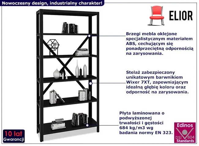 Czarny regał w stylu loft z metalowym stelażem - Alwaro 4X