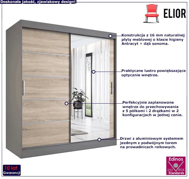 Szafa przesuwna 180 cm antracyt + dąb sonoma - Marmos 5X