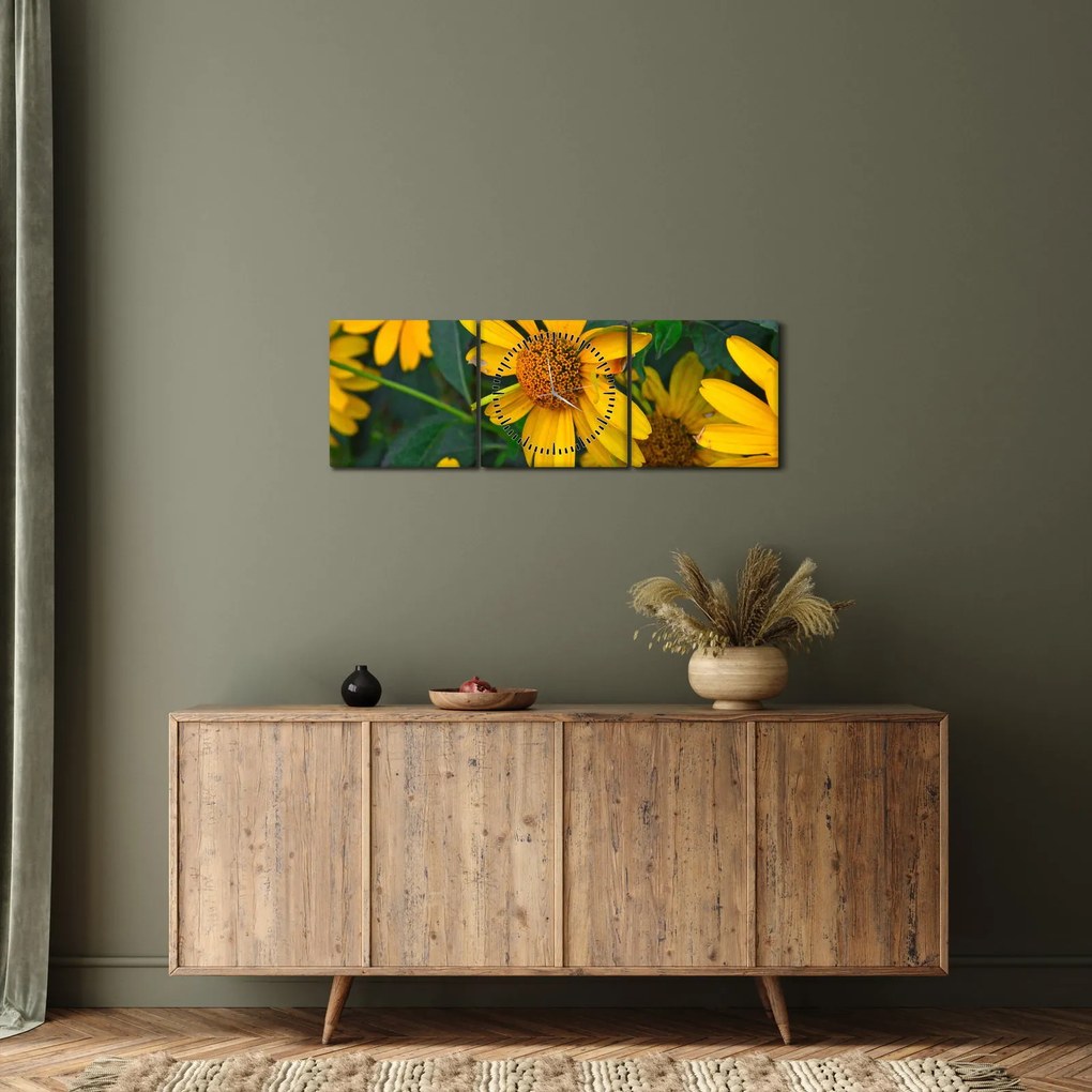 Obraz żółtych kwiatów (z zegarem) (90x30 cm)