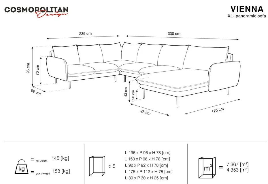 Ciemnoszara sofa w kształcie litery U Cosmopolitan Design Vienna, lewostronna