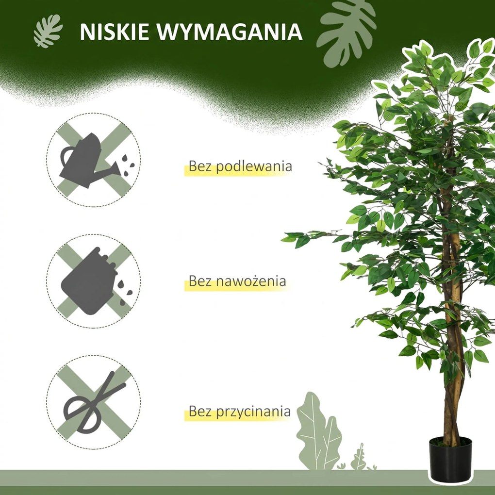 HOMCOM Sztuczny Ficus w Doniczce, Naturalny Wygląd, 150 cm Wysokości, Zielony