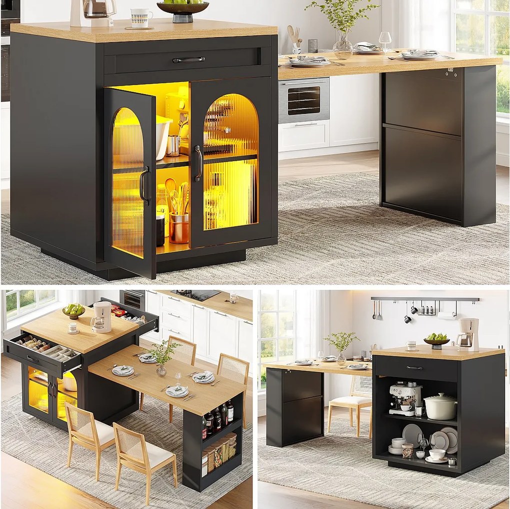 Rozkładana wyspa kuchenna - 126-196 x 59 x 94 cm - z diodami LED + 2 szuflady + półki + drzwi szklane - MDF - czarna