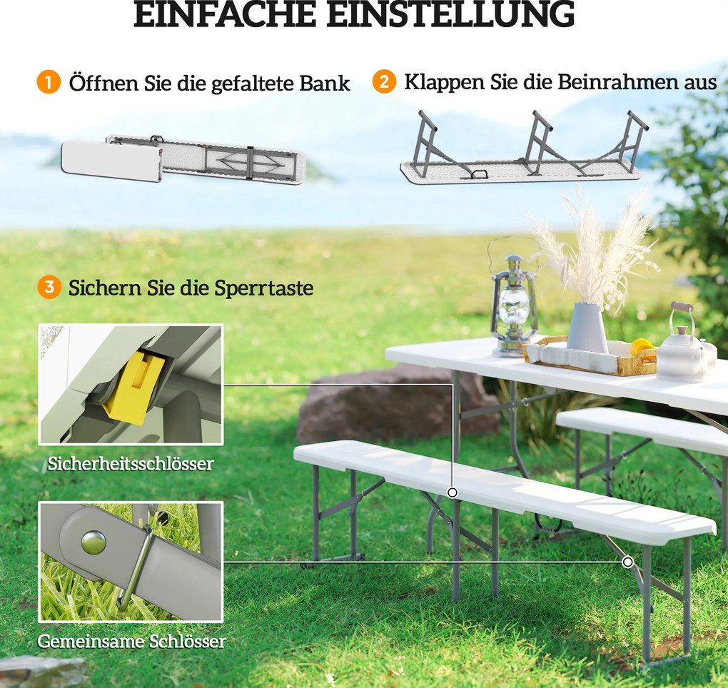 Outsunny Ławka Campingowa, Outdoor z Plastiku, Udźwig 240 kg, Biała