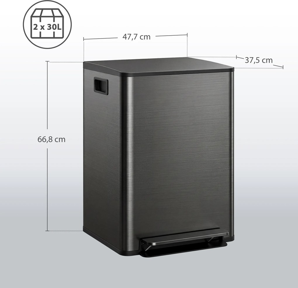 HOMCOM Kosz na śmieci z 2x30L komorami, pokrywa Soft-Close, odporny na odciski, stal nierdzewna, czarny | Aosom PL