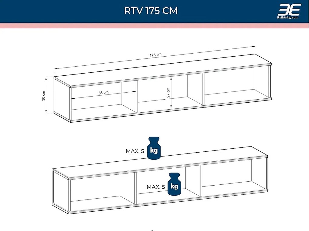 Szafka RTV z beżowymi listwami, 175 x 30 x 32 cm, Push to Open