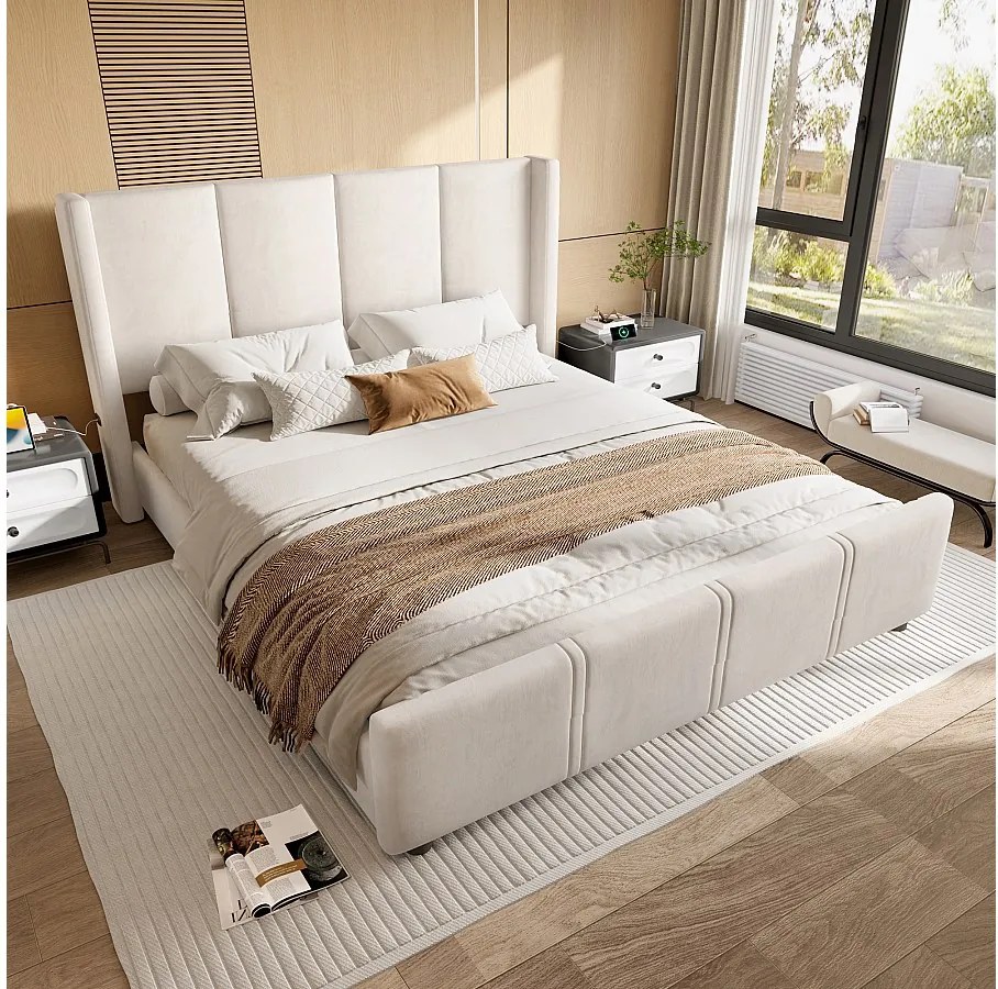Nowoczesna tapicerowana rama łóżka - 140 x 190 cm - z wysokim zagłówkiem i podnóżkiem + port USB - aksamit - beż