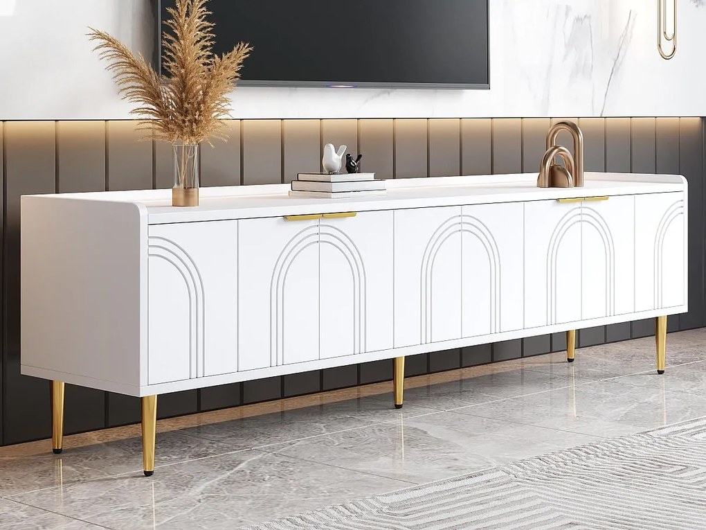 Meble pod TV 170x35x47,5 cm - 4 fronty - z półkami - Nogi metalowe - MDF - Biały